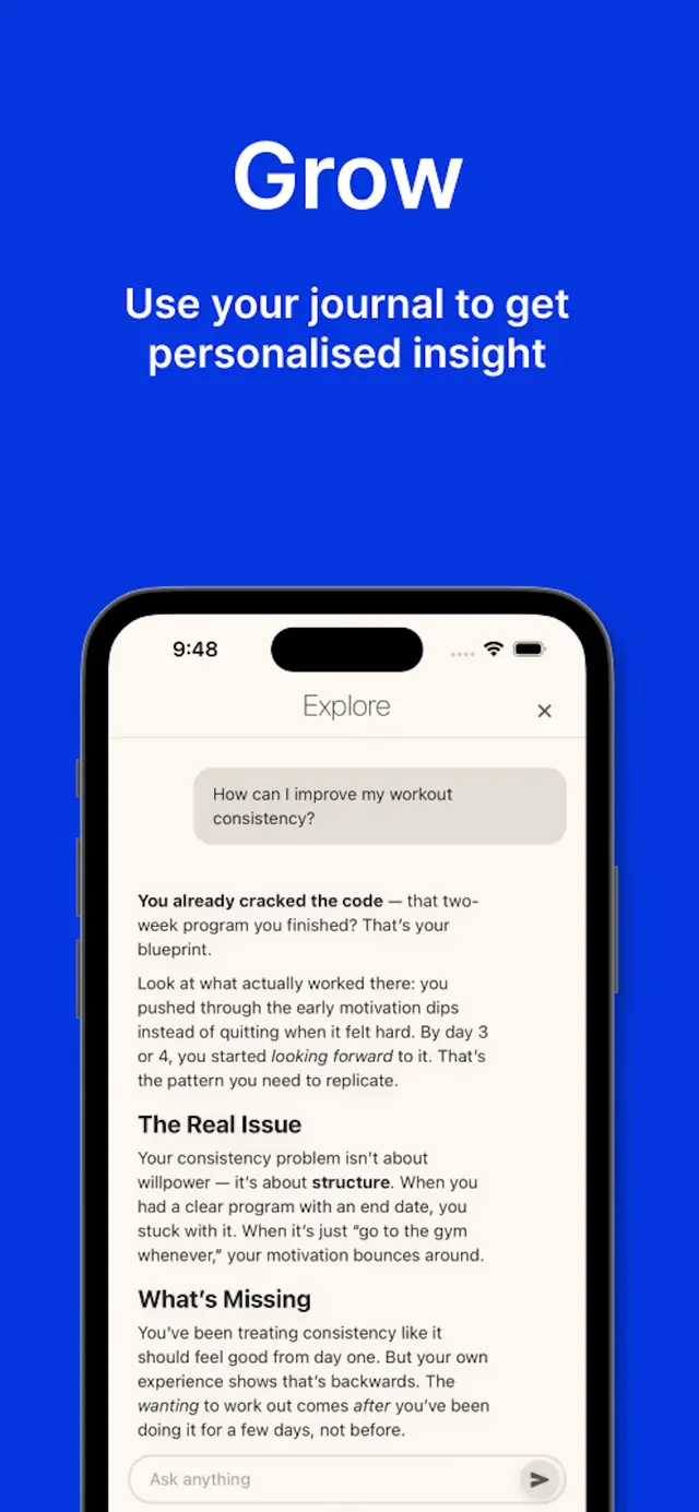 Elora AI insights and personal growth tracking dashboard showing patterns, emotional trends, and progress over time