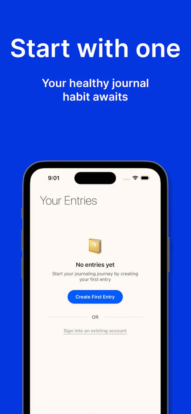Elora simple journaling start screen with minimal interface encouraging first journal entry